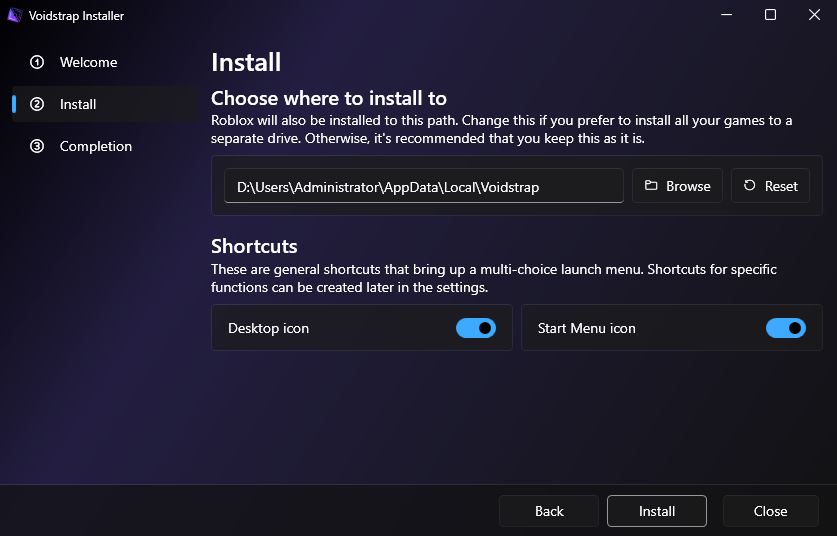 Select install path and shortcuts of voidstrap installation